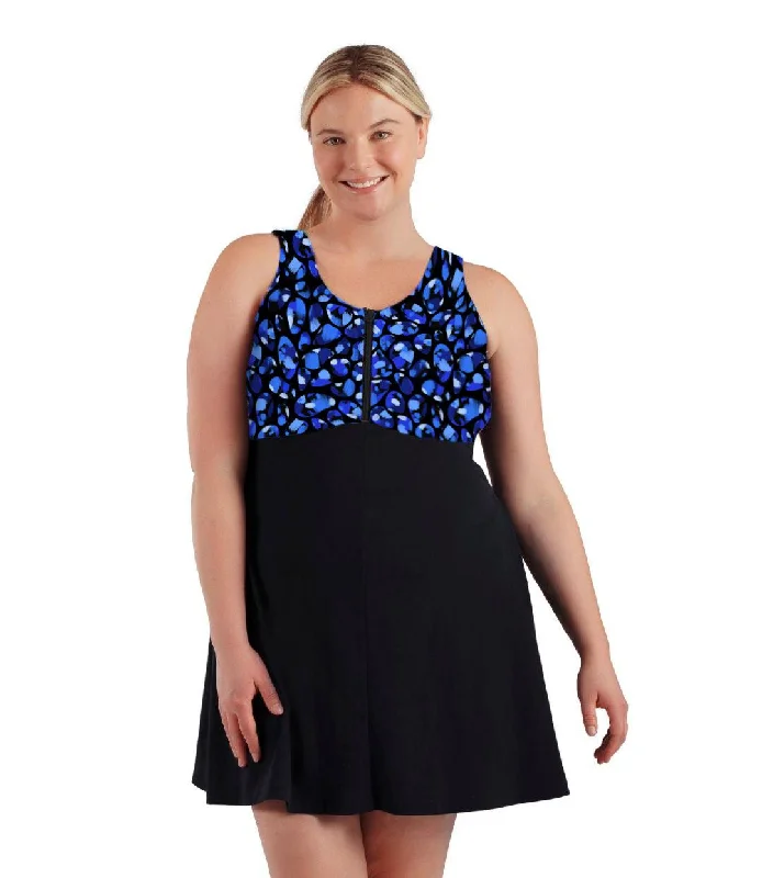 AquaSport Zip Front Swim Dress Ocean Blues Print Black