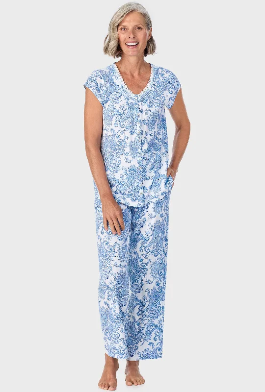 Cool Blue Paisley Cap Sleeve Long Pant PJ Set