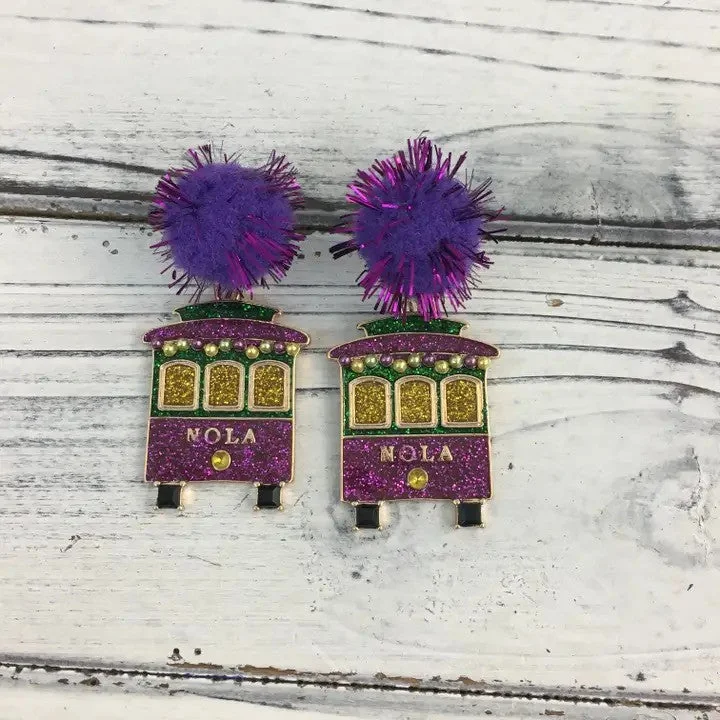 Song Lily Mardi Gras Glitter Streetcar Pom Earrings